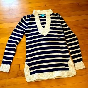 Two bees  Navy and Cream Striped V-Neck Sweater